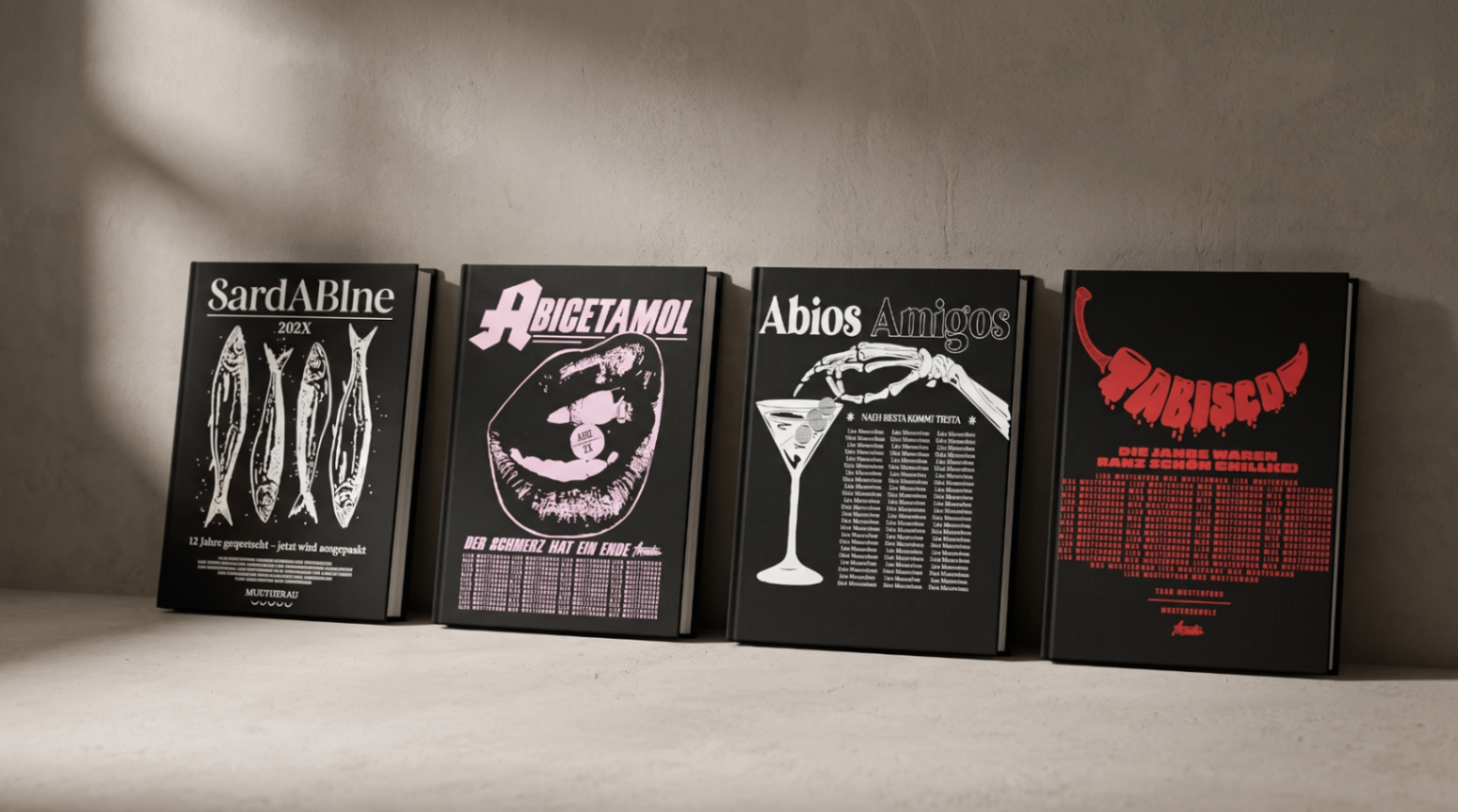 Wand mit AK Hoodies Abibuch-Covern
